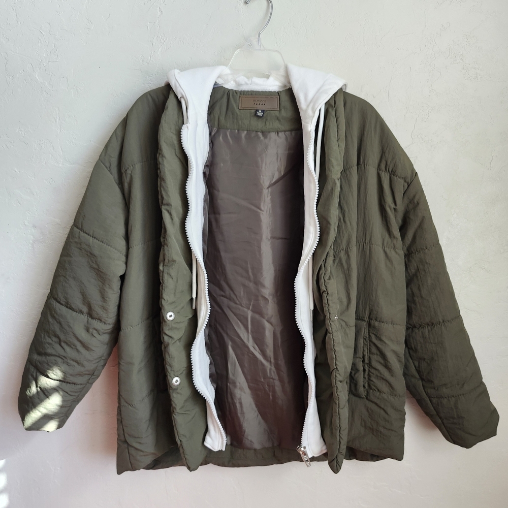 Blank NYC Fair Shake Olive Green Puffer Jacket White Cotton Removeable Hoodie - Picture 5 of 14